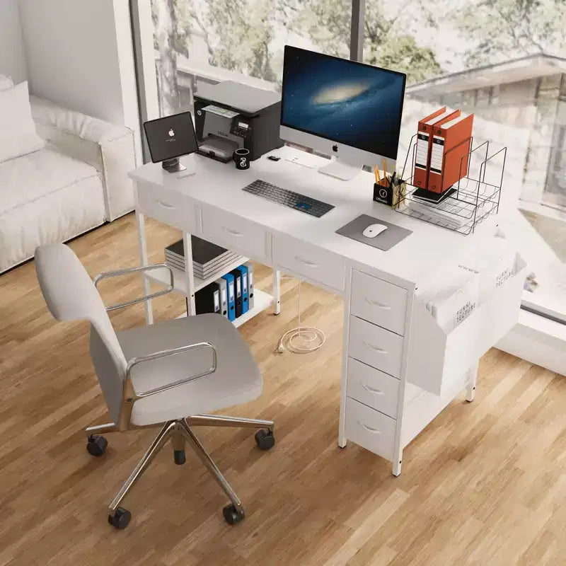 Modern Home Office Computer Desk with Drawers & Shelves, Writing Desk with Side Bag for Study & Office