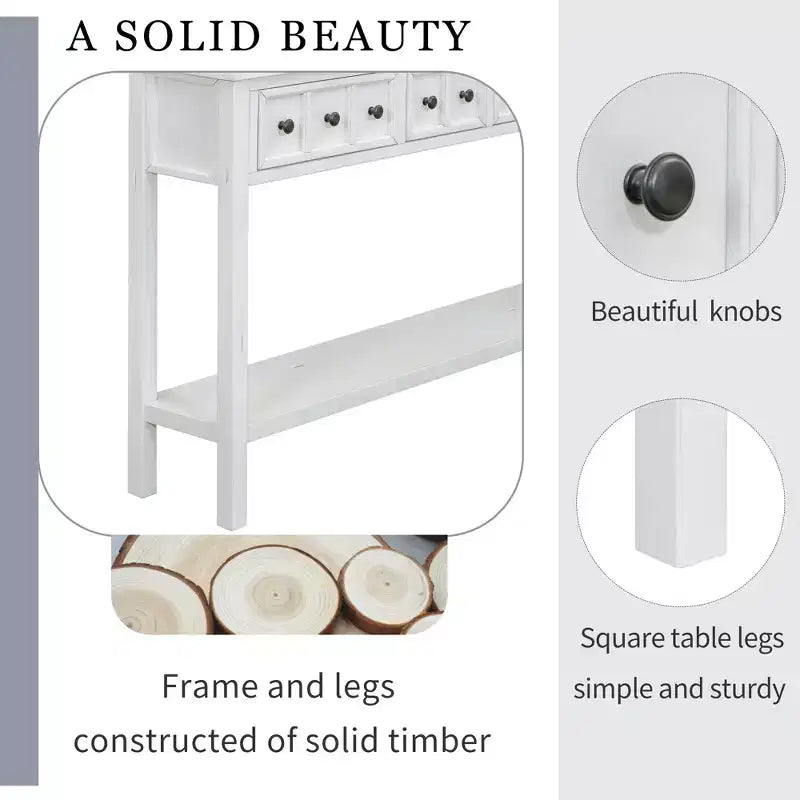 60 Rustic Console Table with 4 Drawers and Bottom Shelf, White