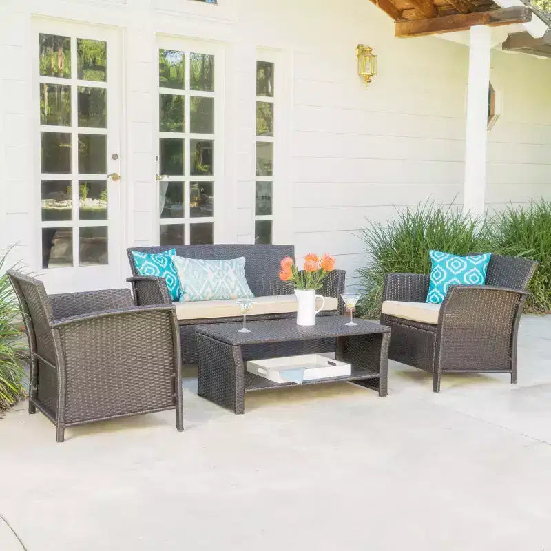GDFStudio Clearwater Outdoor Wicker 4 Seater Chat Set with Cushions