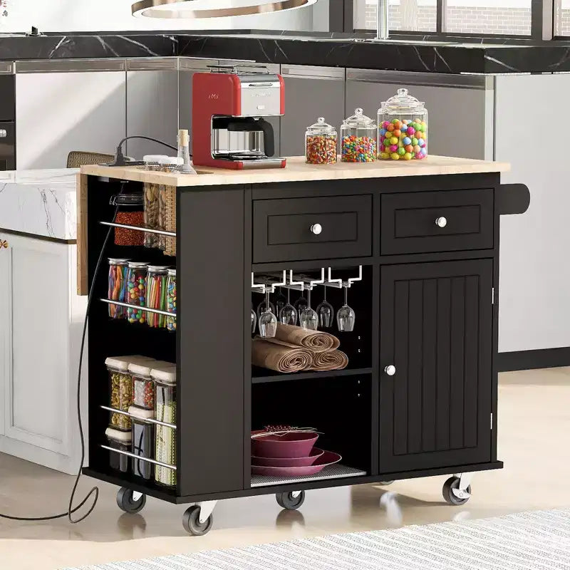 Rolling Kitchen Island with Drop Leaf and Power Outlet