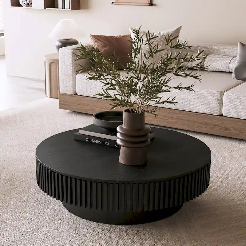 Modern Solid Wood Veneered Round Coffee Tea Table with Storage