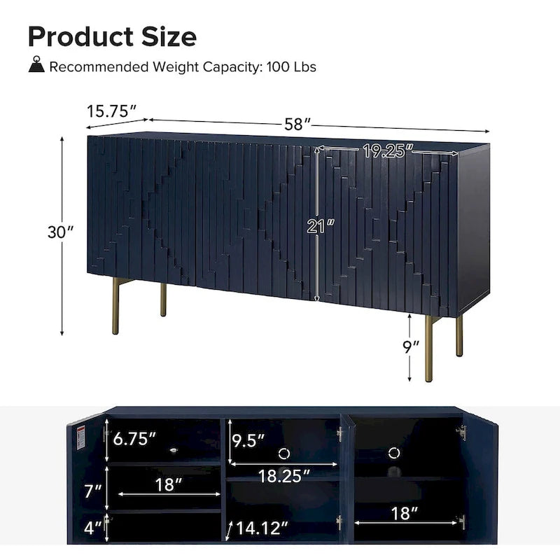 Modern 58 Wide Sideboard with Cable Management & Adjustable Feet