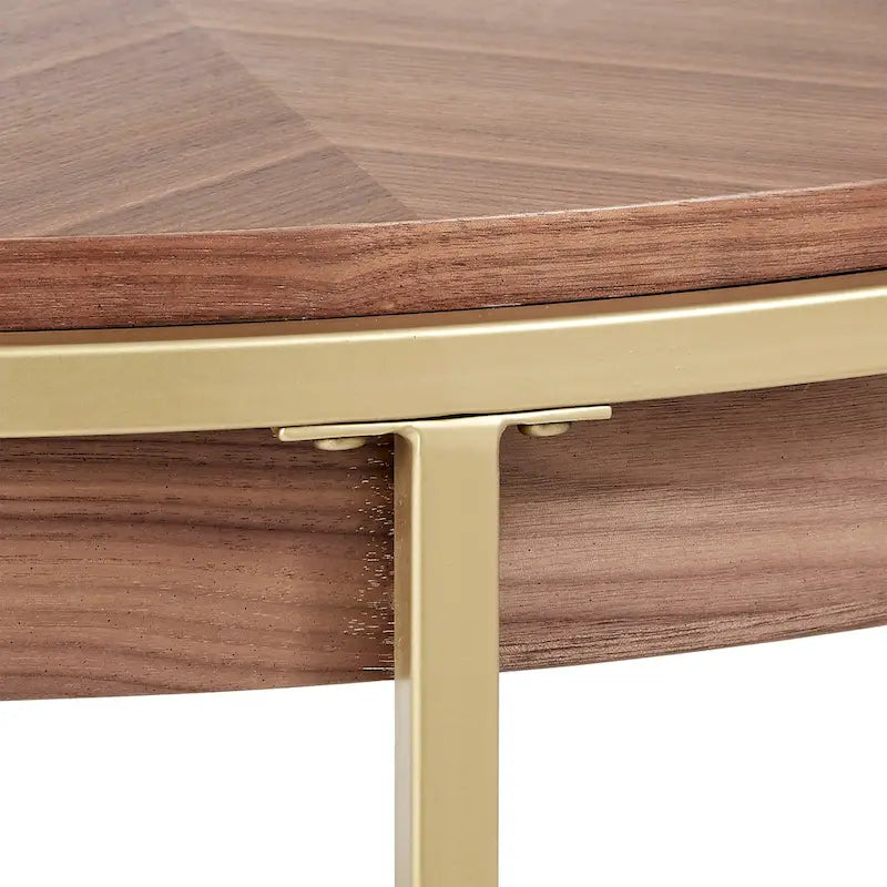 Round Coffee Table with Geometric Walnut Veneer Top and Gold Metal Base
