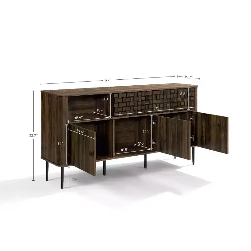 Dark Oak Manufactured Wood with Basket Weave 3-Door and 2-Sliding Door Sideboard Cabinet