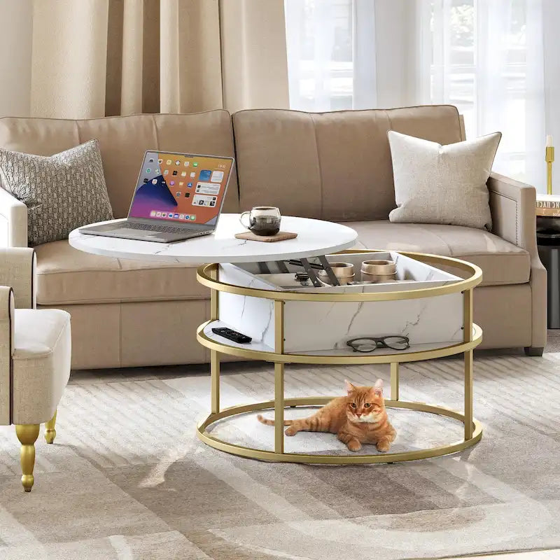 Farmhouse Lift Top Round Coffee Table with Hidden Storage and Shelf