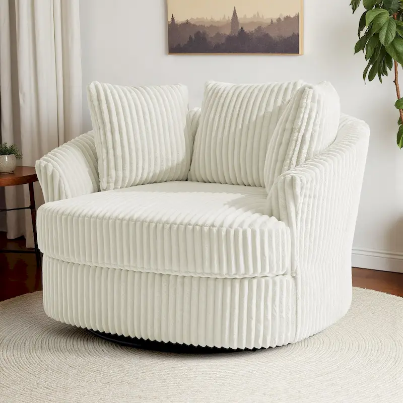Oversized 43 W Plush Corduroy Recessed Arm Swivel Barrel Chair