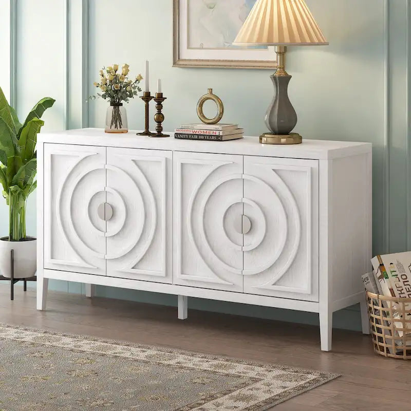 4-Door Retro Sideboard with Concentric Circle Relief Panels & Adjustable Shelves