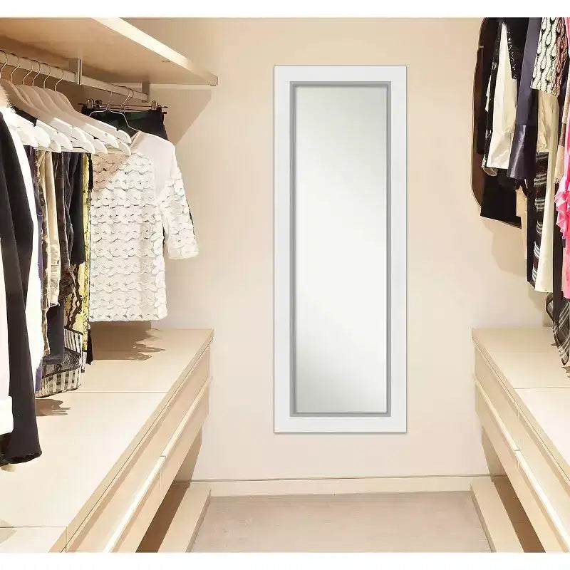 19 x 53 White Silver Framed Full-Length On the Door Mirror Wood Frame No Assembly Required