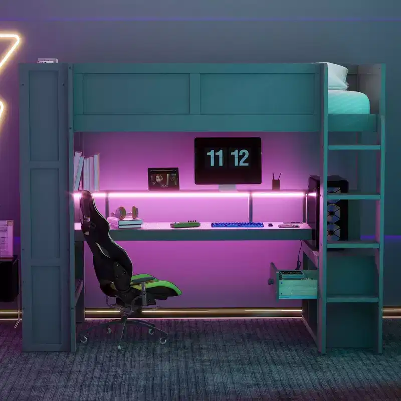 Whisen 87.1''L x 49.4''W Wood Gaming Loft Bed with Desk, Multi-storage Shelves, LED and Charging Station
