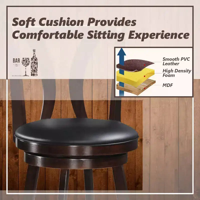 Swivel Bar Stools 29.5 with Rubber Wood Legs, PVC Leather Seat