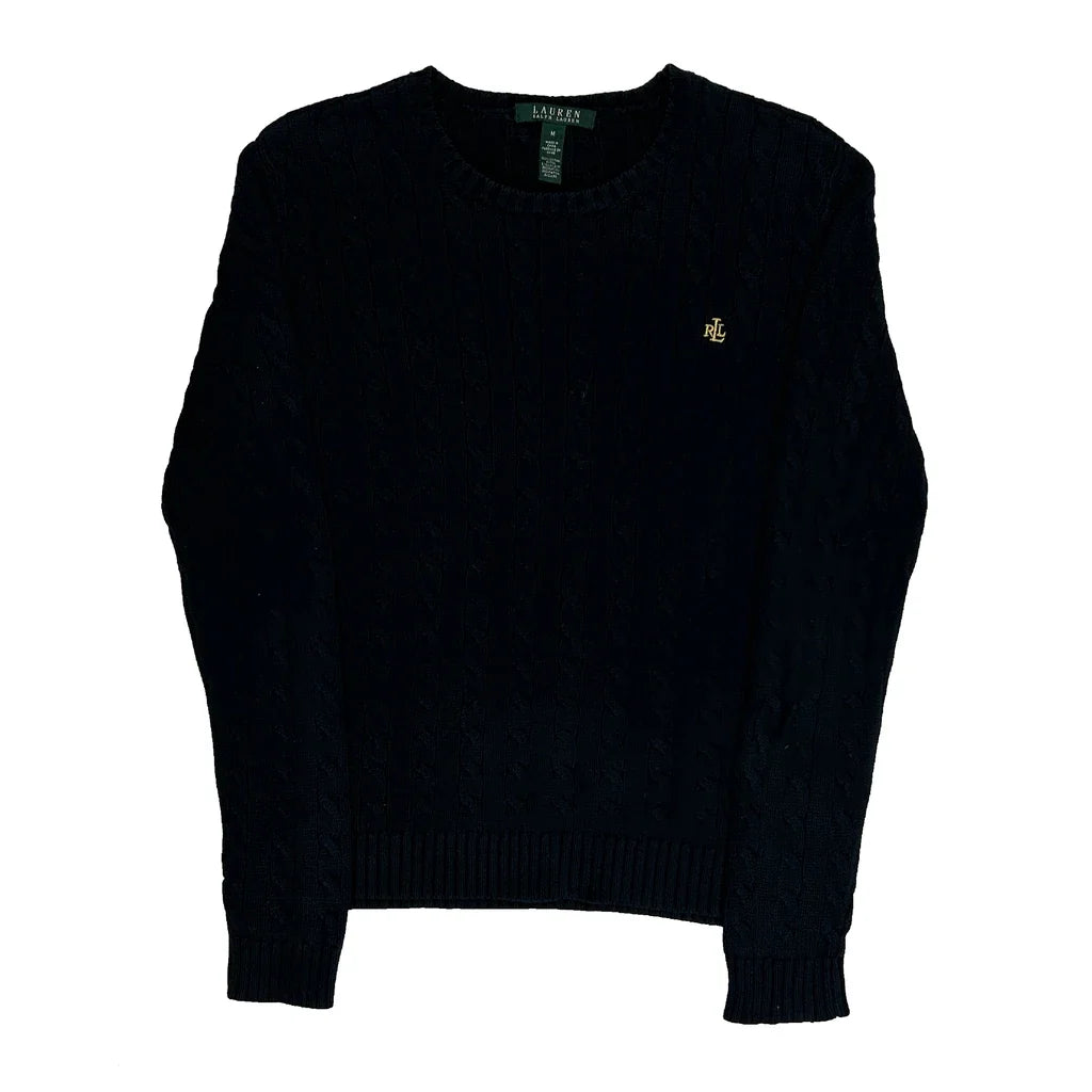 Cable Knit Long Sleeve Crew Neck Top - Medium Black Cotton