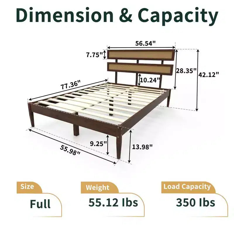Karl Home Solid Wood Full Bed Frame Platform Bedframe with Rattan Headboard