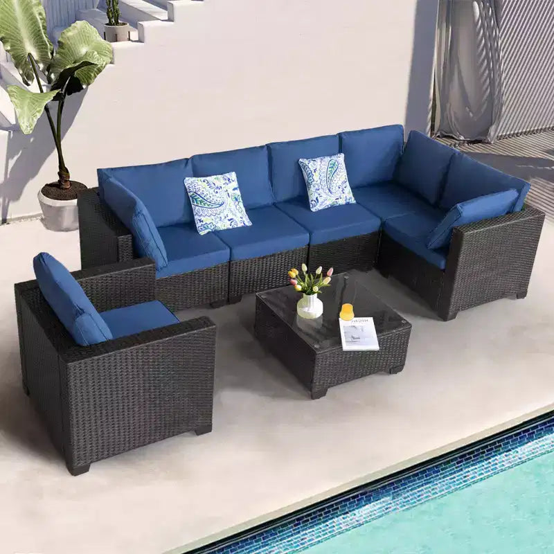 GDFStudio Hilary Modern 5 Seater PE Rattan and Iron Waterproof Upholstered Patio Conversation Set with Table