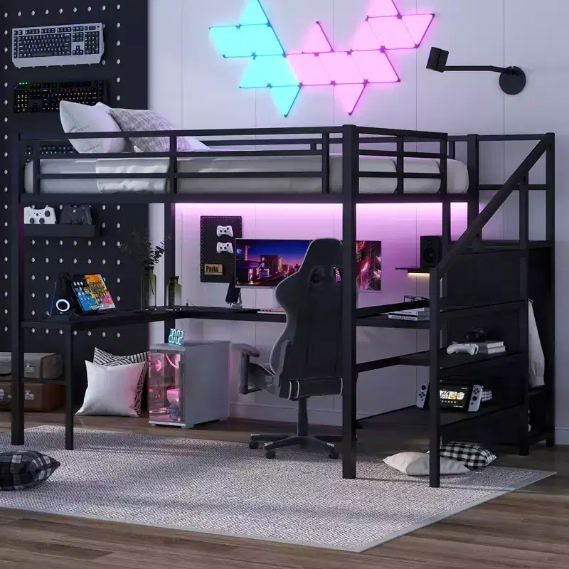 Full/Queen Metal Loft Bed with L-Shaped Desk & USB, Loft Bed Frame with Wardrobe, Adjustable Shelf & LED Lights, Black/Off-White - ModernLuxe