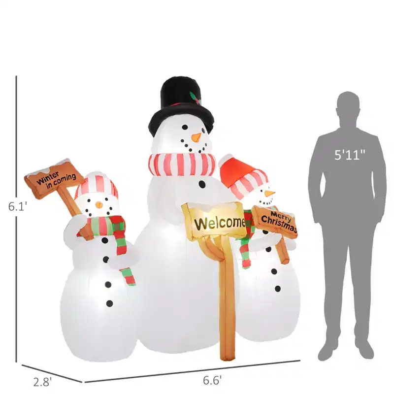 Christmas Snowman, Three inflatable Christmas snowmen each holding a sign
