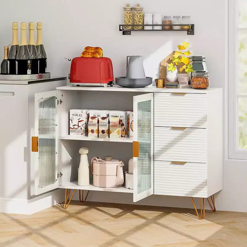 Costway Buffet Server Sideboard w/ 2 Tempered Glass Doors & 3 Drawers for Kitchen White
