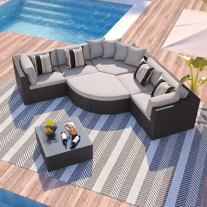 7-Piece Outdoor Wicker Sofa Set, Rattan Sofa Lounger, with Colorful Pillows, Conversation Sofa