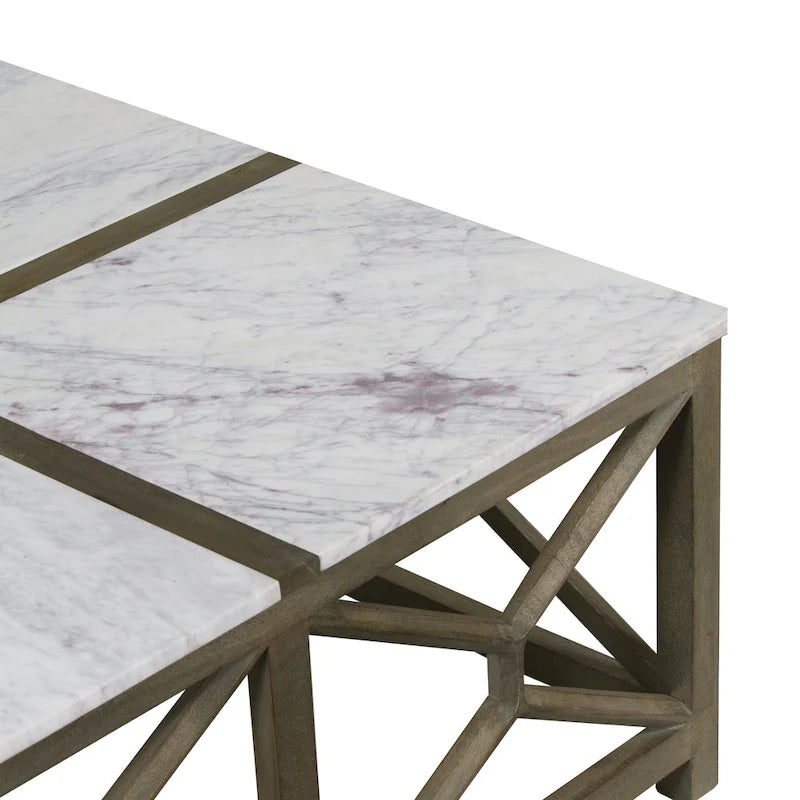 Coffee Table, 40 Inch Square White Marble Top, Sandblasted Ash Gray Mango Wood Geometric Frame