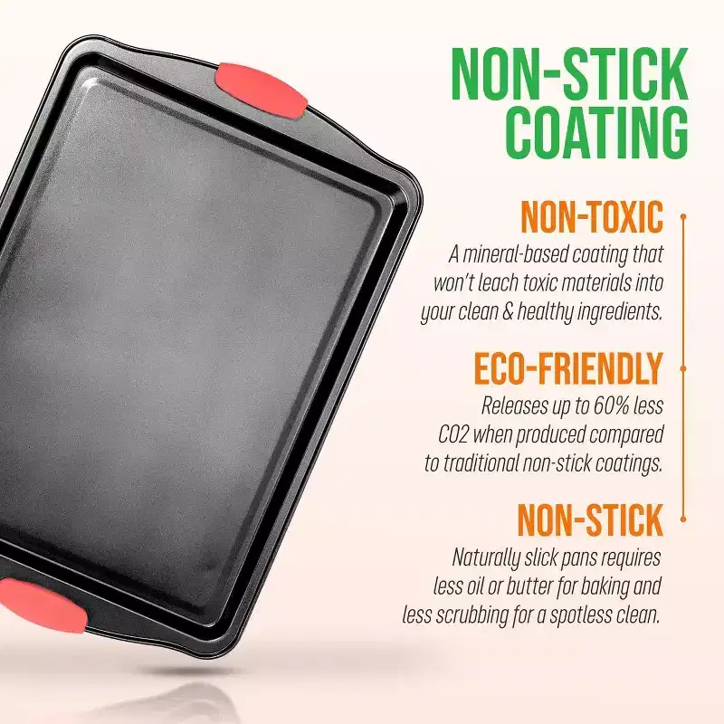 NutriChef Non-Stick Medium Cookie Sheet - 15.7'' x 10.2'' Carbon Steel with Red Silicone Handles (Dishwasher Safe)