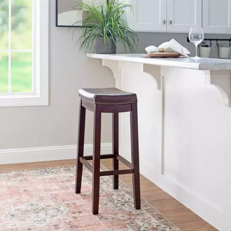 Set of 2 Faux Leather Barstools - Armless, Backless with Footrest, Fixed Height