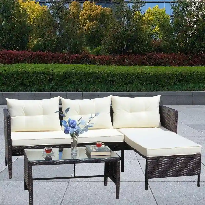3 piece Outdoor Patio Wicker Rattan Sectional Sofa W/Cushions