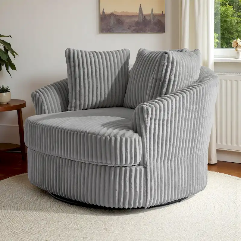 Oversized 43 W Plush Corduroy Recessed Arm Swivel Barrel Chair