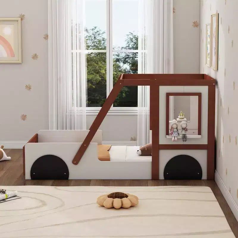 Fun Play Design Twin Size Car Bed, Kids Platform Bed in Car-Shaped, White+Orange - ModernLuxe