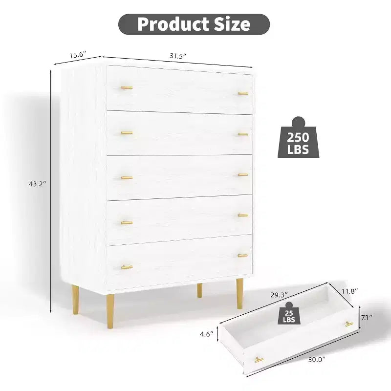 5/6 Drawers Dresser for Bedroom, Tall Wood Rustic Vintage Chest of Drawers with Storage and Gold Handles, for Bedroom, Living Room, Hallway, White