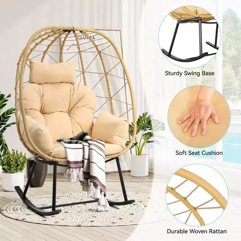 Rocking Egg Chair Wicker Patio Chair Resilient Egg Lounger Chair with Cushioned