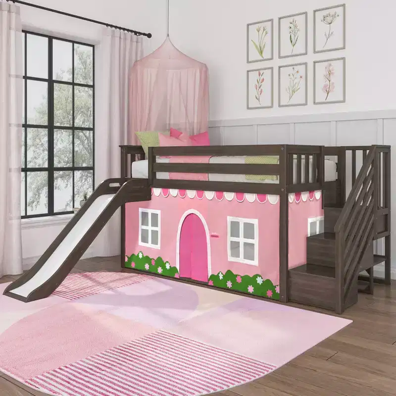 Low Twin over Twin Bunk With Stairs, Easy Slide & Light Pink & White Farmhouse Curtain