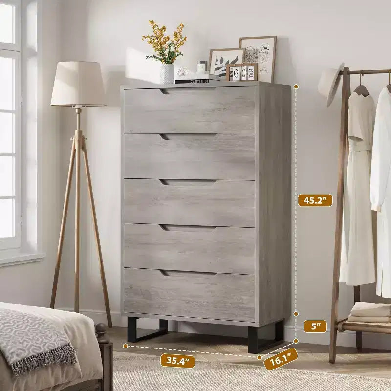 Five-Drawer Dresser with Adjustable Metal Legs and Wide Tabletop