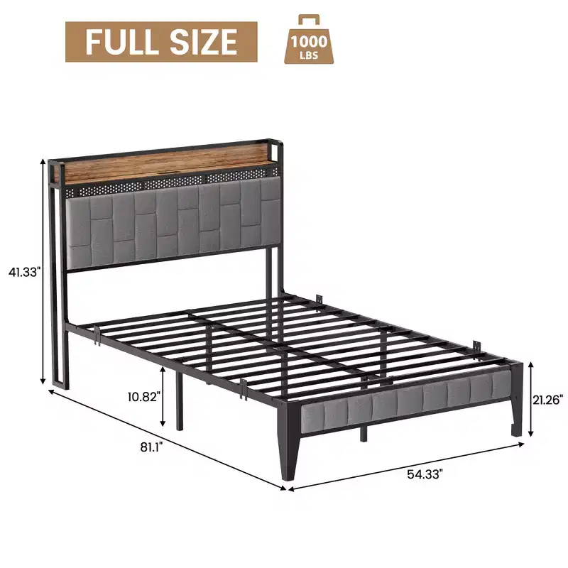 Bed Frame with Storage Headboard, LED Platform Bed Frame with Charging Station, No Spring Box Need, Easy Assembly, Grey