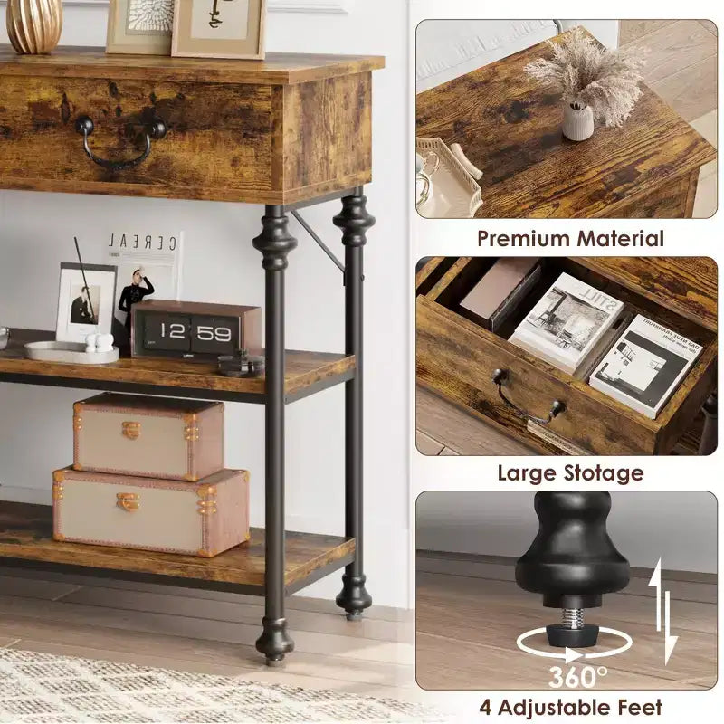 Slim Console Table with 2 Drawers and Open Shelves, Brown