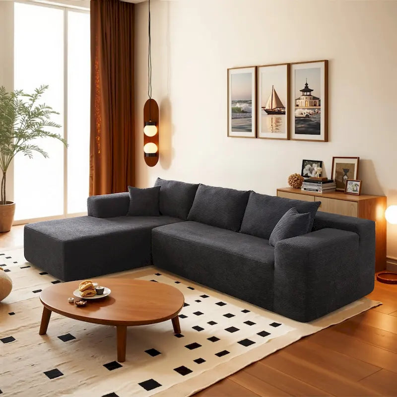Modern L-Shaped Sectional Sofa Corduroy Upholstery Couch with Pillows