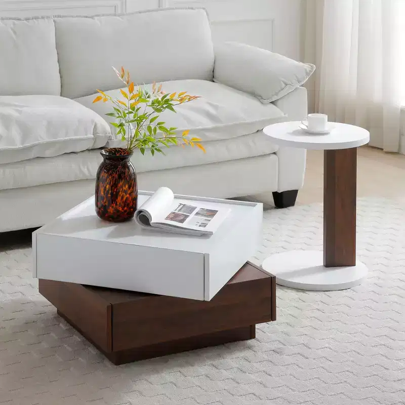 Minimalism C-Shaped End Table with Round Tabletop, Side Table with Unique Design, Couch Table for Living Room, Bedroom, Sofa Side, White+Walnut