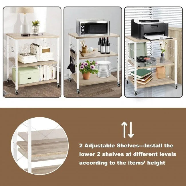 Rustic Brown 3-Tier Rolling Baker's Rack Microwave Cart with S-Hooks