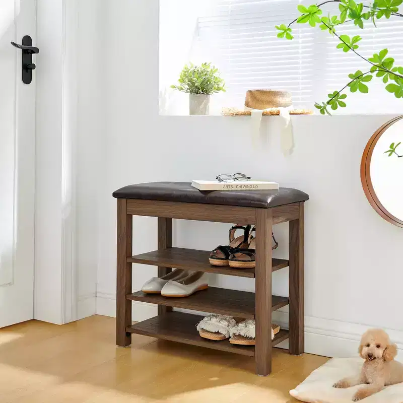 Storage Bench with Cushion, Shoe Changing Bench with Hidden Storage, 3-Tier Shoe Organizer for Entryway - ModernLuxe