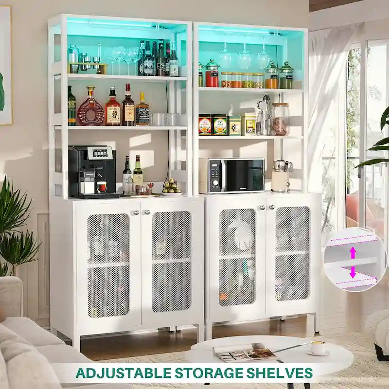 67-Inch Tall Wine Bar Cabinet with LED Lights, Glass Holder and Power Outlets