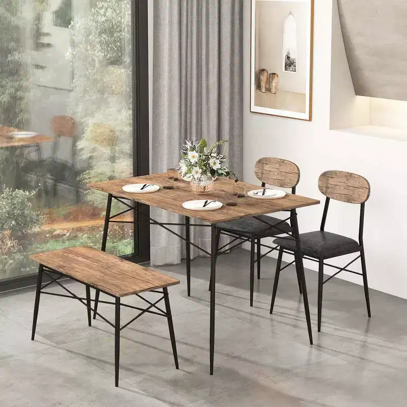 Costway 4 Piece Dining Table Set with Bench & 2 Faux Leather Upholstered Chairs for Kitchen