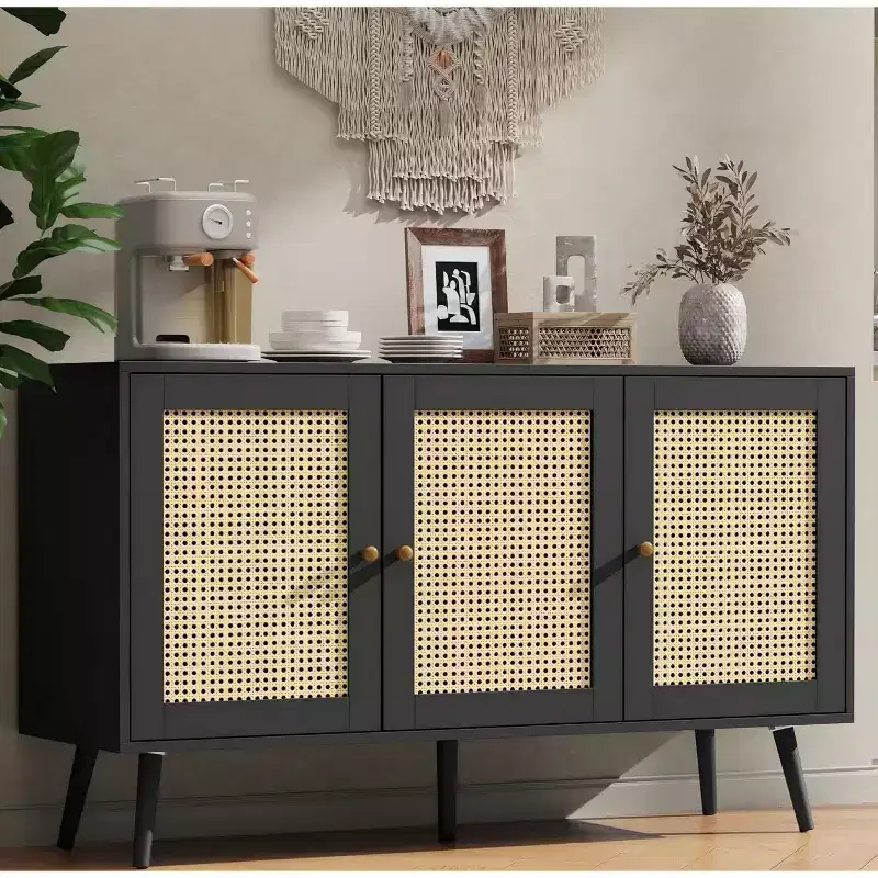 Rattan Sideboard Buffet Cabinet with 3 Doors,Boho Sideboard Buffet Cabinet with Adjustable Shelves, Console Table for Living Room, Dining Room