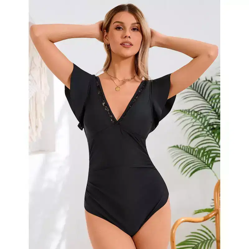V-Neck Ruffle Sleeve Lace Trim Ruched One Piece Swimsuit