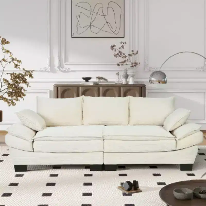 Modern Curved Sofa, Back Upholstered Couch with 2 Decorative Throw Pillows, Corduroy Fabric Couch for Living Room, Bedroom , Apartment