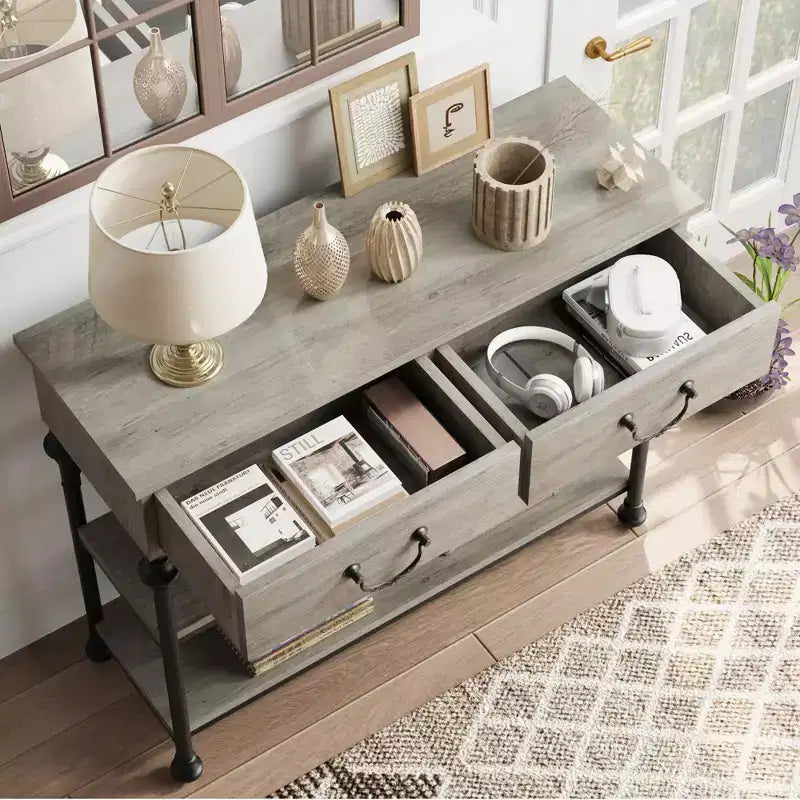 Slim Console Table with 2 Drawers and Open Shelves, Brown
