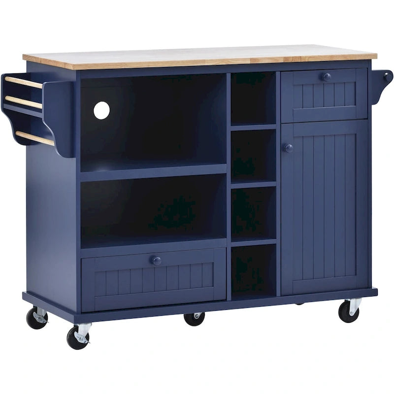 Rolling Kitchen Island Cart with Open Shelves Drawers Cabinet and Microwave Space