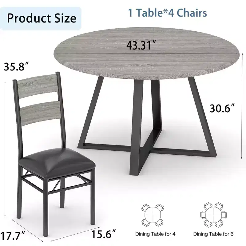 5-Piece Round Dining Table Set for 4, Sturdy Wooden Kitchen Table and 4 Upholstered Chairs, Space-Saving Circle Dinner Table Set for Dining Room