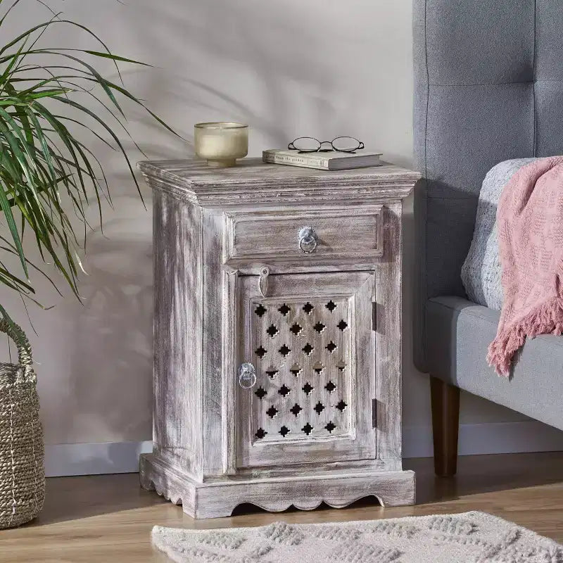 Handcrafted Boho Mango Wood Nightstand, Distressed White