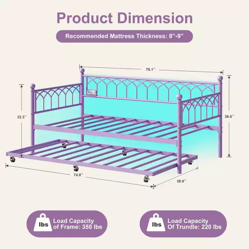 COZONY Daybed with Trundle w/ Charging Station & RGB LED Lights, Sofa Bed Frame, Heavy Duty Steel Slats, Space Saving Design, Easy Assembly