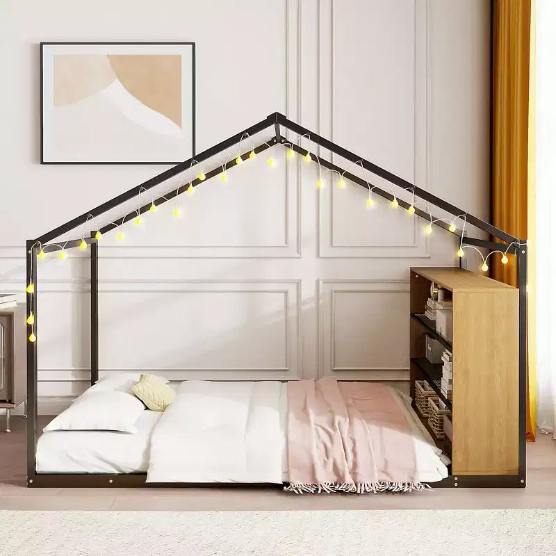 Full Size Metal House Bed with Built-In Shelves and Dreamy LED Lighting, A Better Sleeping Environment