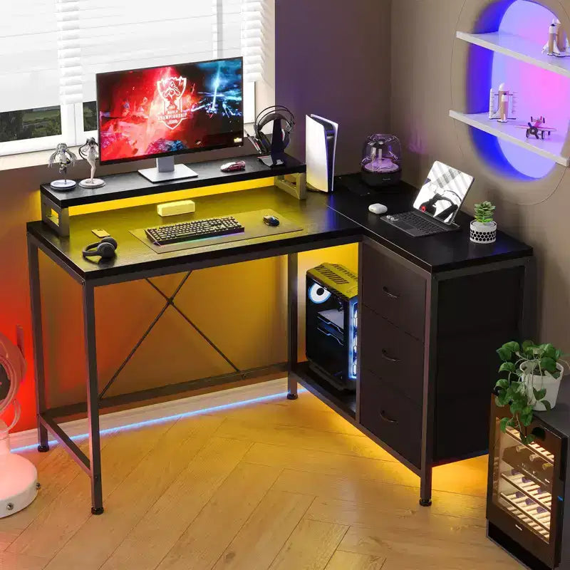 L-Shaped Corner Desk with RGB Lighting, Power Outlets, Drawers & Shelves