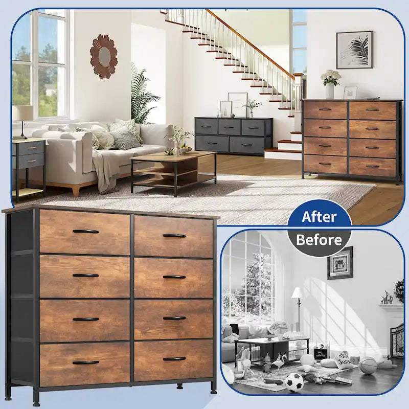 Rustic Wood-grain Bedroom Dresser with Metal Frame, Wooden Top